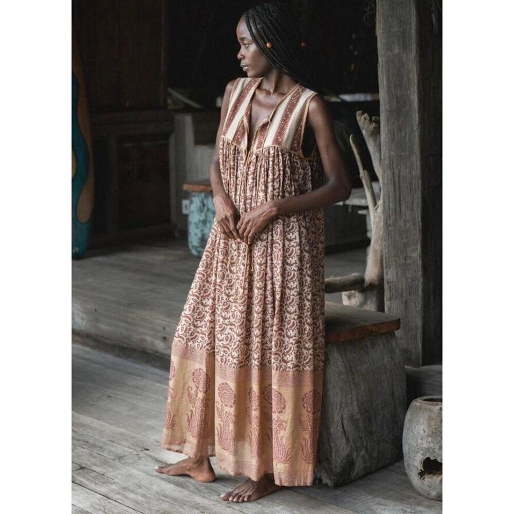 Daughters Of India Aahna Dress Walnut Brown Floral Boho Maxi Dress Size Medium